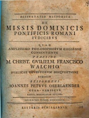 Dissertatio Historica De Missis Dominicis Pontificis Romani Ivdicibvs