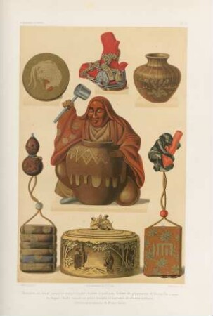 Netzkés en bois, corail et métal ciselé ; boites à parfums, boiles de pharmacie et bouteille à saki, en laque ; boite ronde en ivoire sculpté et incrusté de divers métaux (Pieces ... M. Louis Gonse)