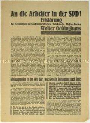 Flugblatt der KPD zum Wechsel des SPD-Mitgliedes Walter Öttinghaus in die Partei und Aufruf zum Beitritt