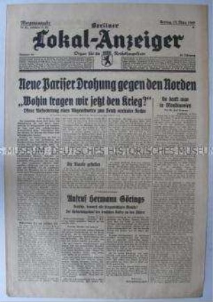 Tageszeitung "Berliner Lokal-Anzeiger" u.a. über den Aufruf von Göring zur Sammlung von Altmetall für die Rüstung