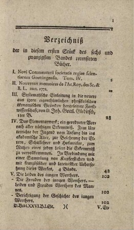 Verzeichniß der in diesem ersten Stück des sechs und zwanzigsten Bandes recensirten Bücher.