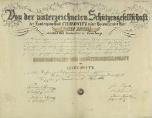 Von der unterzeichneten Schützengesellschaft der Landeshauptstadt Czernowitz in der Bucovina, wird Herr Josef Engel Architekt und Baumeister in Lemberg ... Ehrenmitglied der Schützengesellschaft in ...