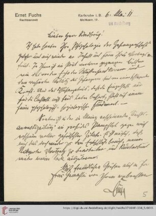 Nachlass Gustav Radbruch. Korrespondenz Ernst Fuchs/Gustav Radbruch: Brief von Ernst Fuchs an Gustav Radbruch