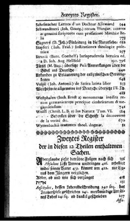 Zweytes Register der in diesen 12 Theilen enthaltenen Sachen.
