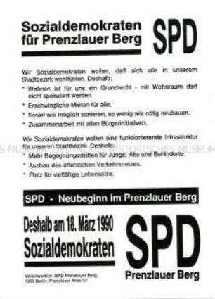 Flugblatt der SPD-Prenzlauer Berg zur Volkskammerwahl am 18. März 1990 in der DDR