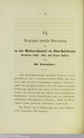 VII. Vergleichend chemische Untersuchung der in der Molken-Anstalt zu Ober-Salzbrunn bereiteten Schaf-, Kuh, und Ziegen-Molken