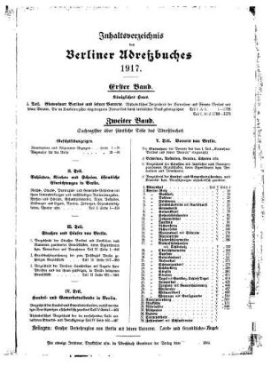 Inhaltsverzeichnis des Berliner Adreßbuches 1917