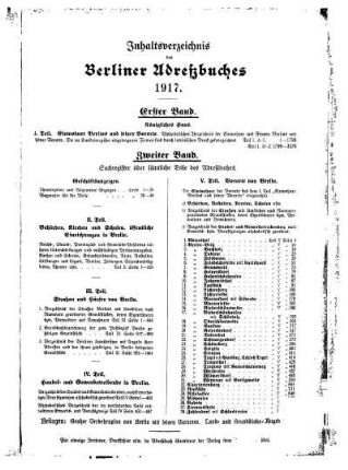 Inhaltsverzeichnis des Berliner Adreßbuches 1917