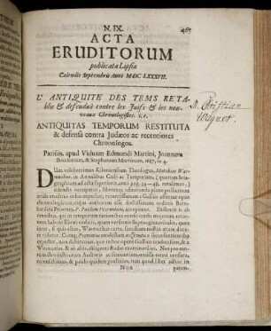 N. IX. [...] Calendis Septembris Anni M DC LXXXVII.