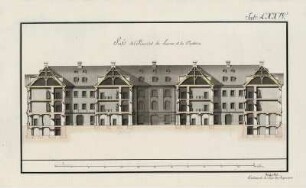 Hospital, idealtypischer Entwurf, Hauptfassade, Aufriss : Hospital für Arme und Waisen, idealtypischer Entwurf, Aufriss der Hauptfassade, Johann Christian Götzschel, um 1794. Feder, Pinsel in Wasserfarbe/Papier. 41,6 x 26,1 cm. Bez.: "Facade du cote principale d' un Hospital des Pauvres, et des Orphelins.", "Tab. LXXIII." und "Goetzschel. Lieutenant du Corps des Ingen:" Maßstab mit Maßeinheit "Dr: Ellen" (110 Dresdner Ellen=22,5 cm).