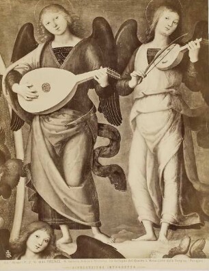 Zwei musizierende Engel, Detail aus Pietro Peruginos "Himmelfahrt der Jungfrau Maria" (Pala di Vallombrosa), Galleria dell’Accademia, Florenz