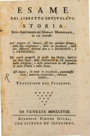 Esame del Libretto intitolato storia della stabilimento dei Monaci Mendicanti