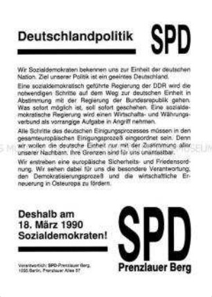 Flugblatt der SPD Prenzlauer Berg zur Volkskammerwahl in der DDR am 18. März 1990