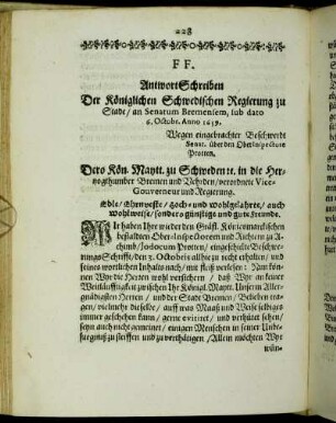FF. Antwort Schreiben Der Königlichen Schwedischen Regierung zu Stade/ [...]
