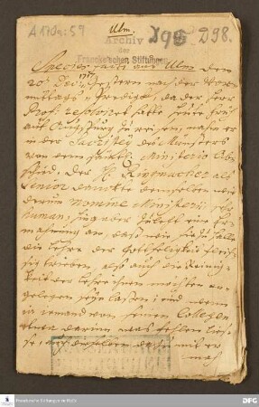 Bericht von Johann Ulrich Christian Köppen über die Ereignisse um die Predigt Johann Caspar Funcks in Ulm.