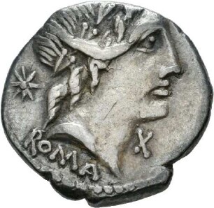 Denar des A. Postumius Albinus mit Darstellung der Dioskuren