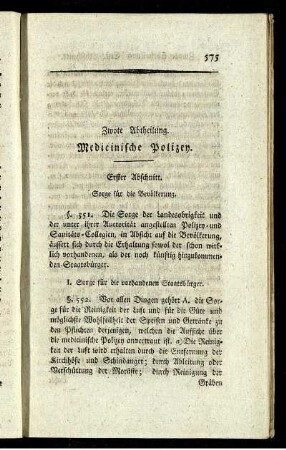 Zwote Abtheilung. Medicinische Polizey.