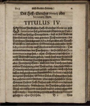 Des Hoff-Gerichts Notarij oder Secretarij Aydt. Titulus IV.