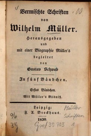 Vermischte Schriften : in fünf Bändchen, 1. Bändchen. Mit Müller's Bildniß