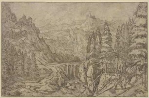 Gebirgslandschaft mit hoher Steinbrücke