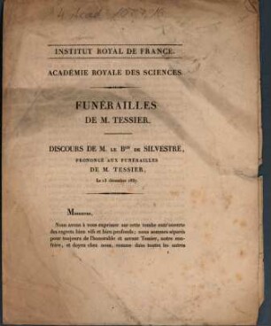 Funérailles de M. Tessier : discours de M. le Bon de Silvestre ... le 13 décembre 1837