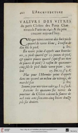 Valeurs des vitres du petit Cloître des Peres Chartreux de Paris en 1640. Et du prix courant aujourd’huy