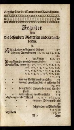 Register über die besondere Materien und Kranckheiten