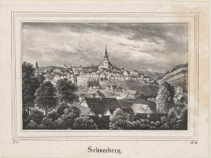 Stadtansicht von Schneeberg im Erzgebirge, aus der Zeitschrift Saxonia, Band 3