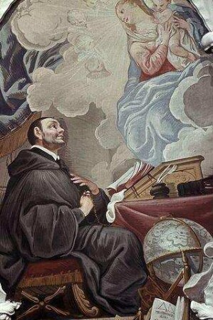 Der heilige Benediktinergelehrte Beda vor der Muttergottes