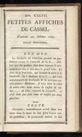 No CXLVII (Vendredi 21. Octobre 1785)