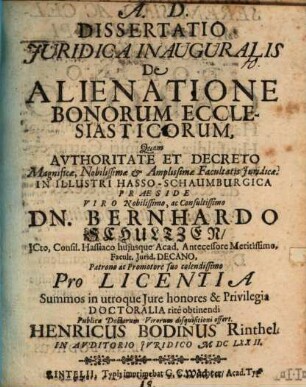 Dissertatio Juridica Inauguralis De Alienatione Bonorum Ecclesiasticorum