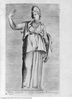 Antiquarum statuarum urbis Romae, quae in publicis privatisque locis visuntur, icones. Romae. Ex typis Laurentii Vaccarii... MDLXXXIIII., Tafel [56]: Bellona marmorea in hortis Cardinalis Farrariae (nach der Antike)