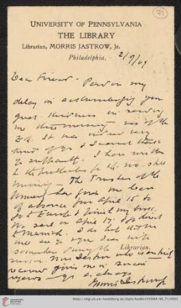 Briefe von Morris Jastrow an Carl Bezold: Karte von Morris Jastrow an Carl Bezold
