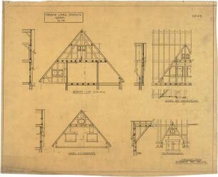 Billing, Hermann; Karlsruhe, Maximilianstr. 10 / Weberstr. 7; Doppelhaus Lang - Stober - Haushälfte Lang, Giebel (Ansicht; Schnitt; Detail)