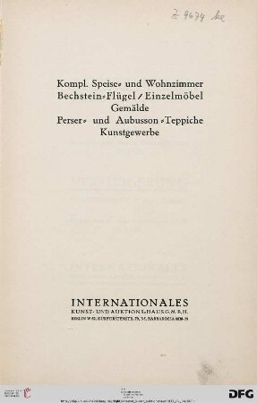 Kompl. Speise- und Wohnzimmer, Bechstein-Flügel, Einzelmöbel, Gemälde, Perser- und Aubusson-Teppiche, Kunstgewerbe : [4. Februar 1933]