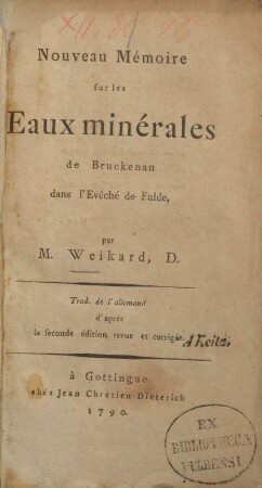 Nouveau Mémoire sur les Eaux minérales de Bruckenau dans l'Evêché de Fulde