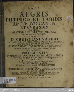 De Aegris Phtisicis Et Tabidis Recte Iudicandis Et Curandis