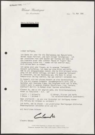 Brief an Wolfgang Rihm, 13.05.1991