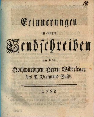 Erinnerungen in einem Sendschreiben an den Hochw. Herrn Widerleger d. P. Veremund Chufls