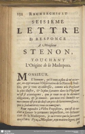 Seisiéme Lettre Et Responce A Monsieur Stenon, Touchant L'Origine de la Madrepora