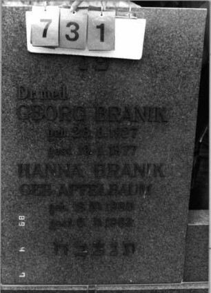 Grabstein 731 (Index: 100089088) Material: grauer polierter Stein, Kupferbuchstaben Maße HxBxT: 139x185x16 cm Besonderheit: kulturhistorisch wertvoll / künst.-formale und hist.-wiss. Gründe (Gedenkinschrift, Schoah-Opfer); - siehe freie Komment.: Grabstein 731 (Detailaufnahme)