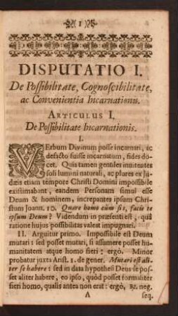 Disputatio I. De Possibilitate, Cognoscibilitate, ac Convenientia Incarnationis.