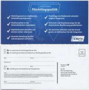 Flugblatt der CSU mit ihren Leitlinien der Flüchtlingspolitik und rückseitigem Bestellformular für Informationsmaterialien