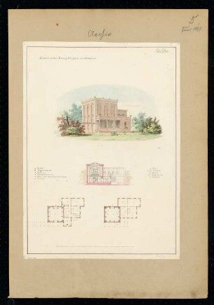 Archiv Monatskonkurrenz Juni 1839: Grundriss Erdgeschoss, Obergeschoss, Querschnitt, perspektivische Ansicht; Maßstabsleiste
