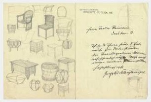Brief von G. Kleinhempel mit Möbelstudien : Diverse Möbelstudien und Studien geometrischer Figuren; handschrftl. Brief von G. Kleinhempel an Teodor Reimann