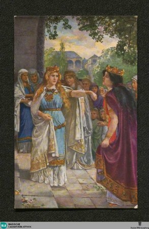 5: „Kennt ihr diesen Ring?“, frohlockte Kriemhild. "Siegfried nahm ihn Euch, seinen Verlobungsring holte er sich wieder in der Nacht, da er Euch gebändigt an Gunthers Stelle.“ Da brach Brunhild in ohnmächtiger Wut nieder und Königin Kriemhild schritt triumphierend als erste in die Kirche