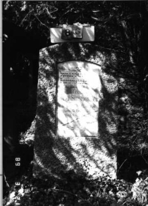 Grabstein 86 (Index: 99792610) Material: Granit, weiße Marmorplatte Zustand: Platte gesprungen, sonst gut Maße HxBxT: 143x65x34 cm Beschreibung: Stele, Segmentbogenabschluß, Schriftplatte: Grabstein 86
