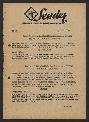 'HF-Sender' [Flugblatt], Nr.39/1954 (29. Mai 1954)