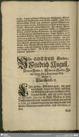 Von Gottes Gnaden, Friedrich August, König in Pohlen [et] c. Hertzog zu Sachsen, Jülich, Cleve, Berg, Engern, und Westphalen, [et] c. Chur-Fürst, [et] c. ...