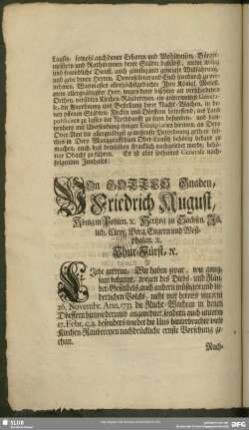 Von Gottes Gnaden, Friedrich August, König in Pohlen [et] c. Hertzog zu Sachsen, Jülich, Cleve, Berg, Engern, und Westphalen, [et] c. Chur-Fürst, [et] c. ...